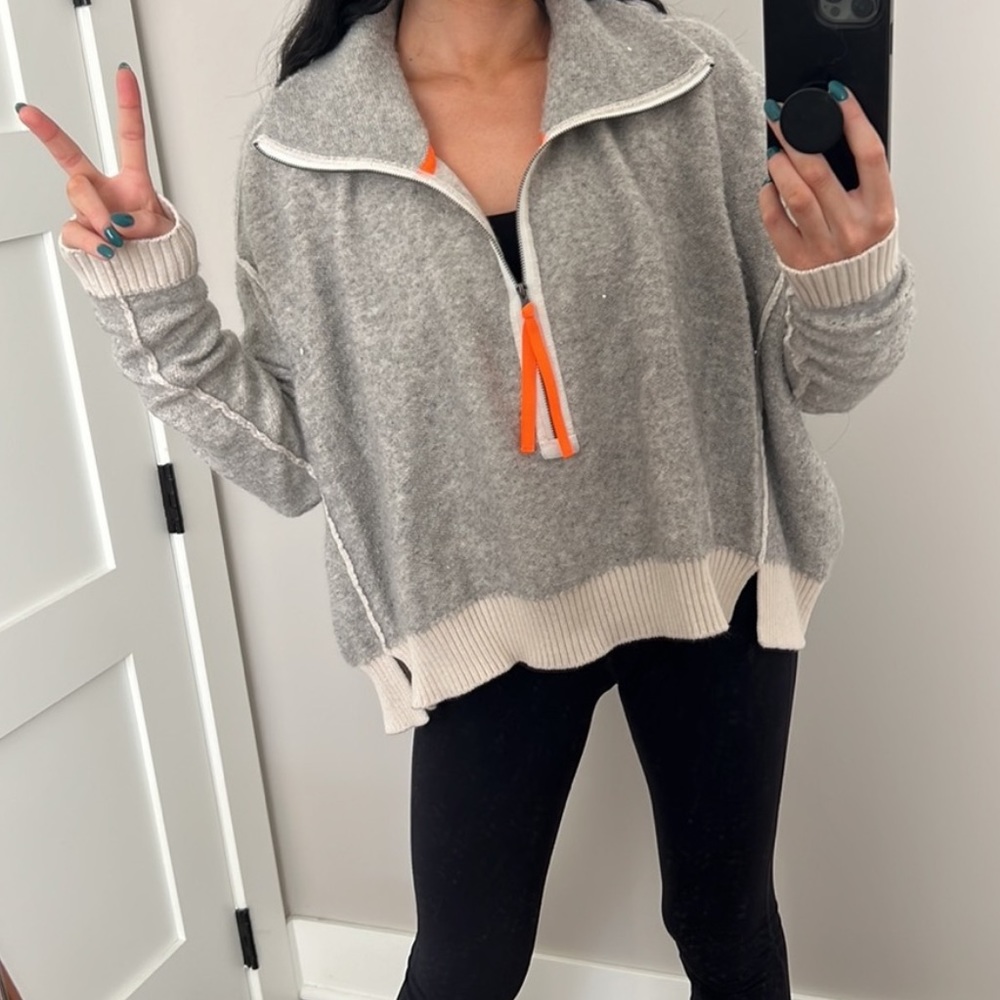 free people gray quarter zip oversized sweatshirt orange zipper size small